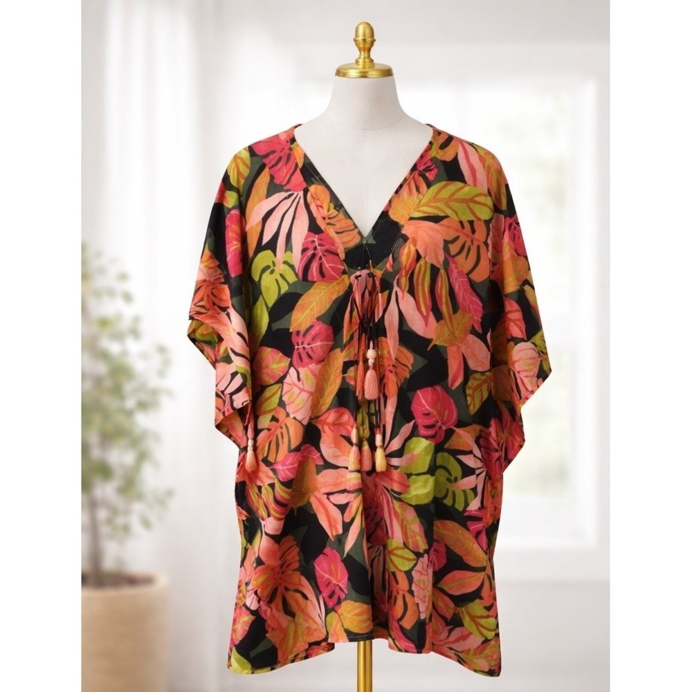 CHICOS Size S/M Oversized Kimono Robe Swim Cover up Tropical Boho Tassel‎ Tie